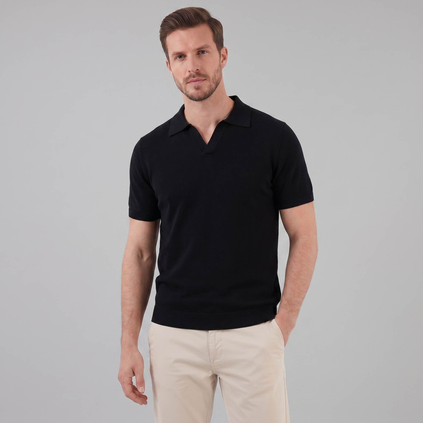 Timeless Lightweight V-Neck Polo in Classic Navy