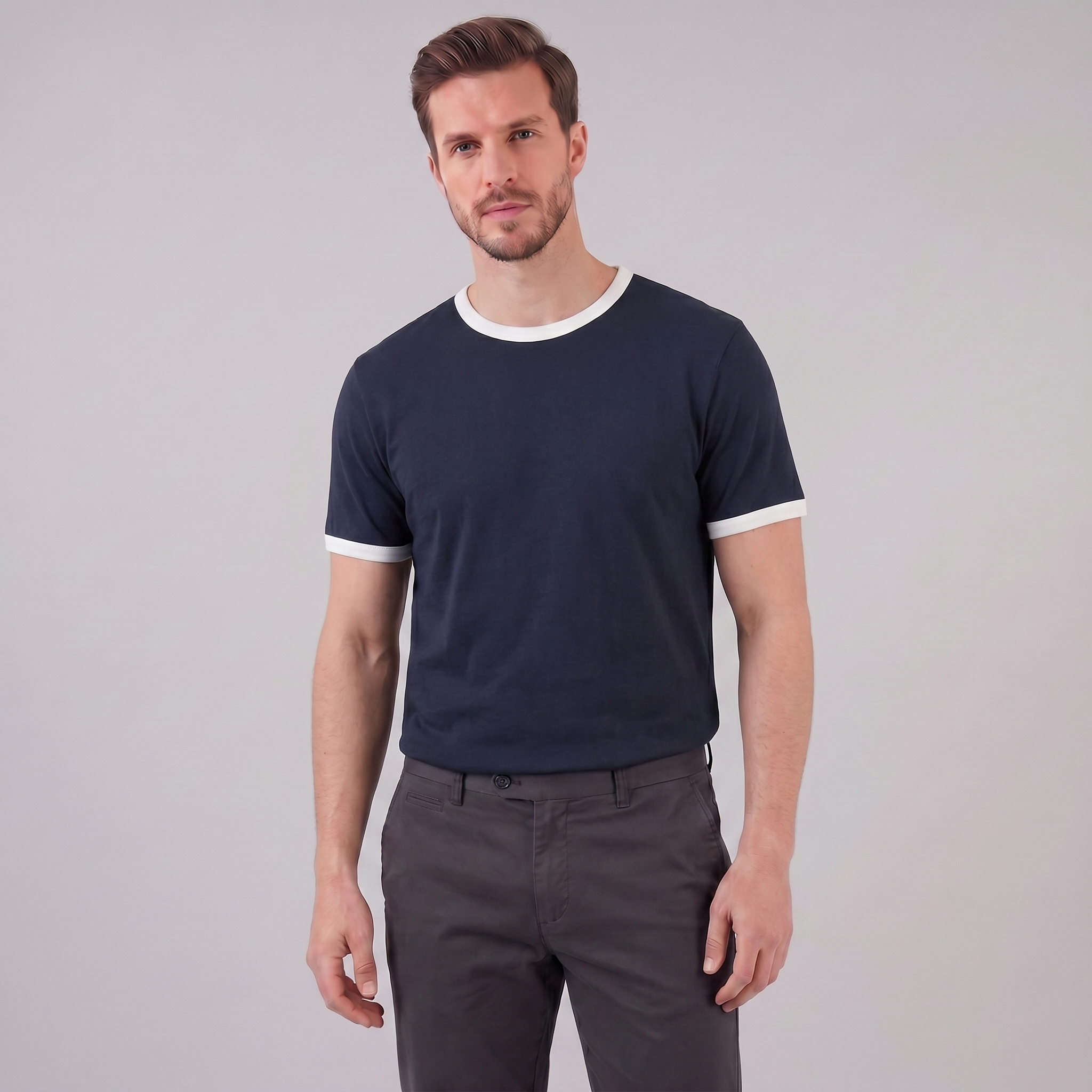 Contrast Trim Crew Neck T-Shirt in Classic White
