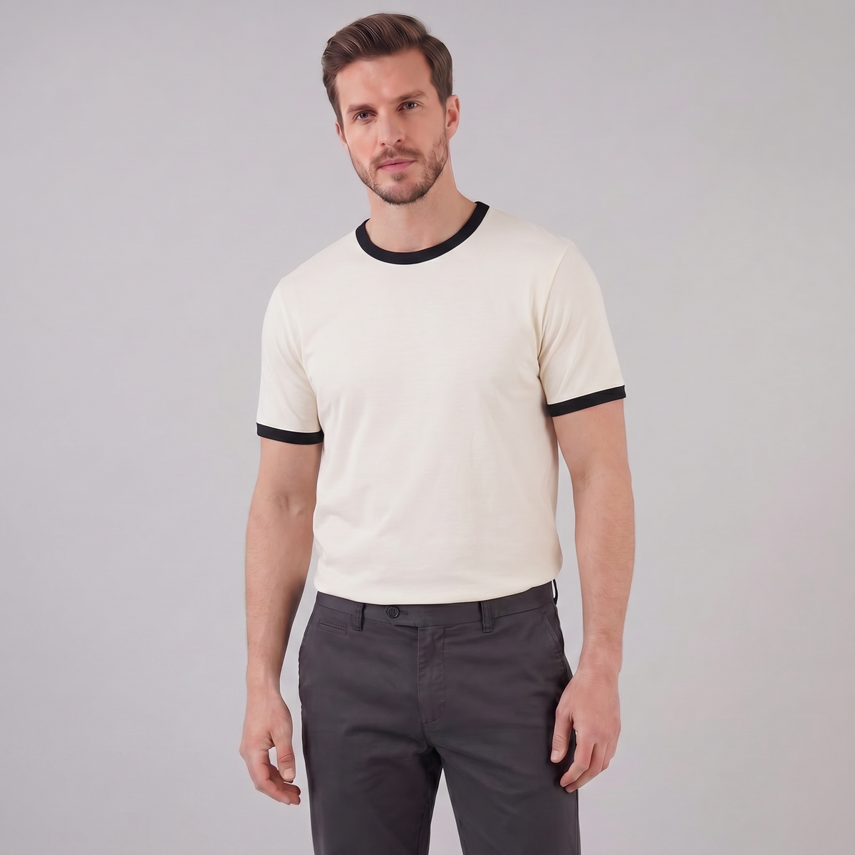 Contrast Trim Crew Neck T-Shirt in Classic White