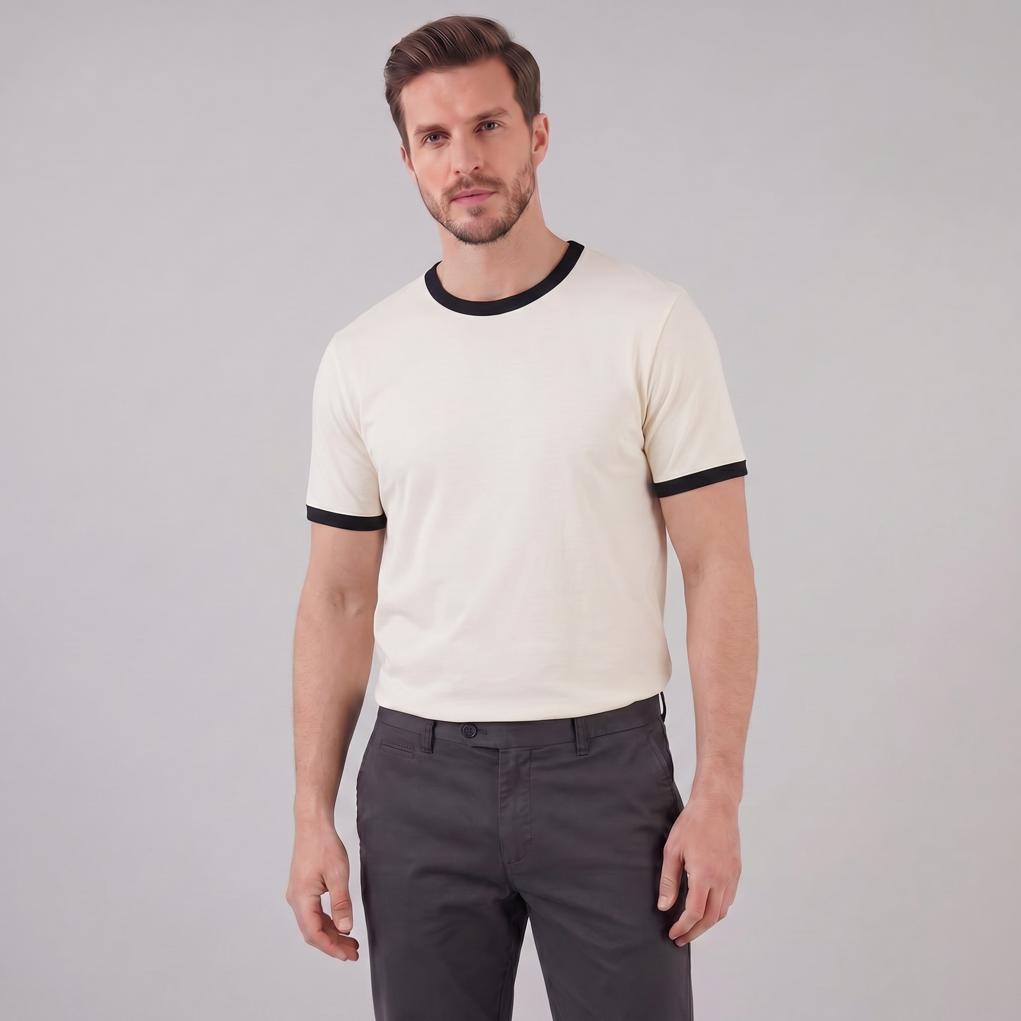 Contrast Trim Crew Neck T-Shirt in Classic White