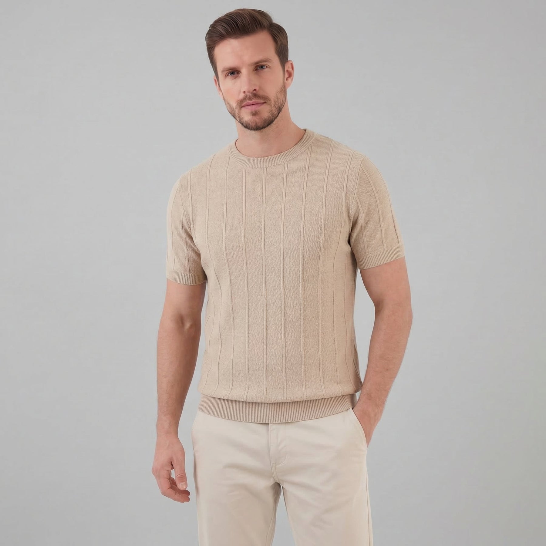 Ribbed Knit Long Sleeve T-Shirt in Classic Neutral