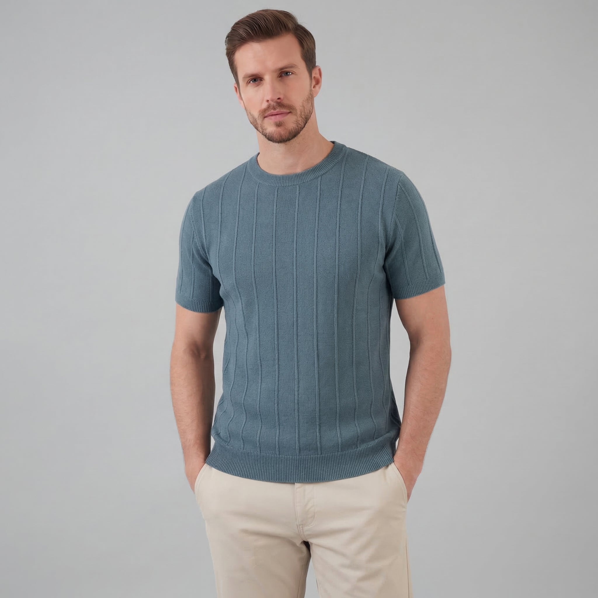 Ribbed Knit Long Sleeve T-Shirt in Classic Neutral