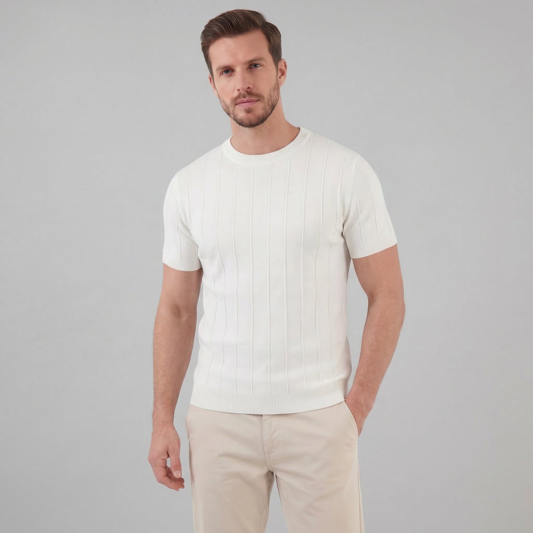 Ribbed Knit Long Sleeve T-Shirt in Classic Neutral