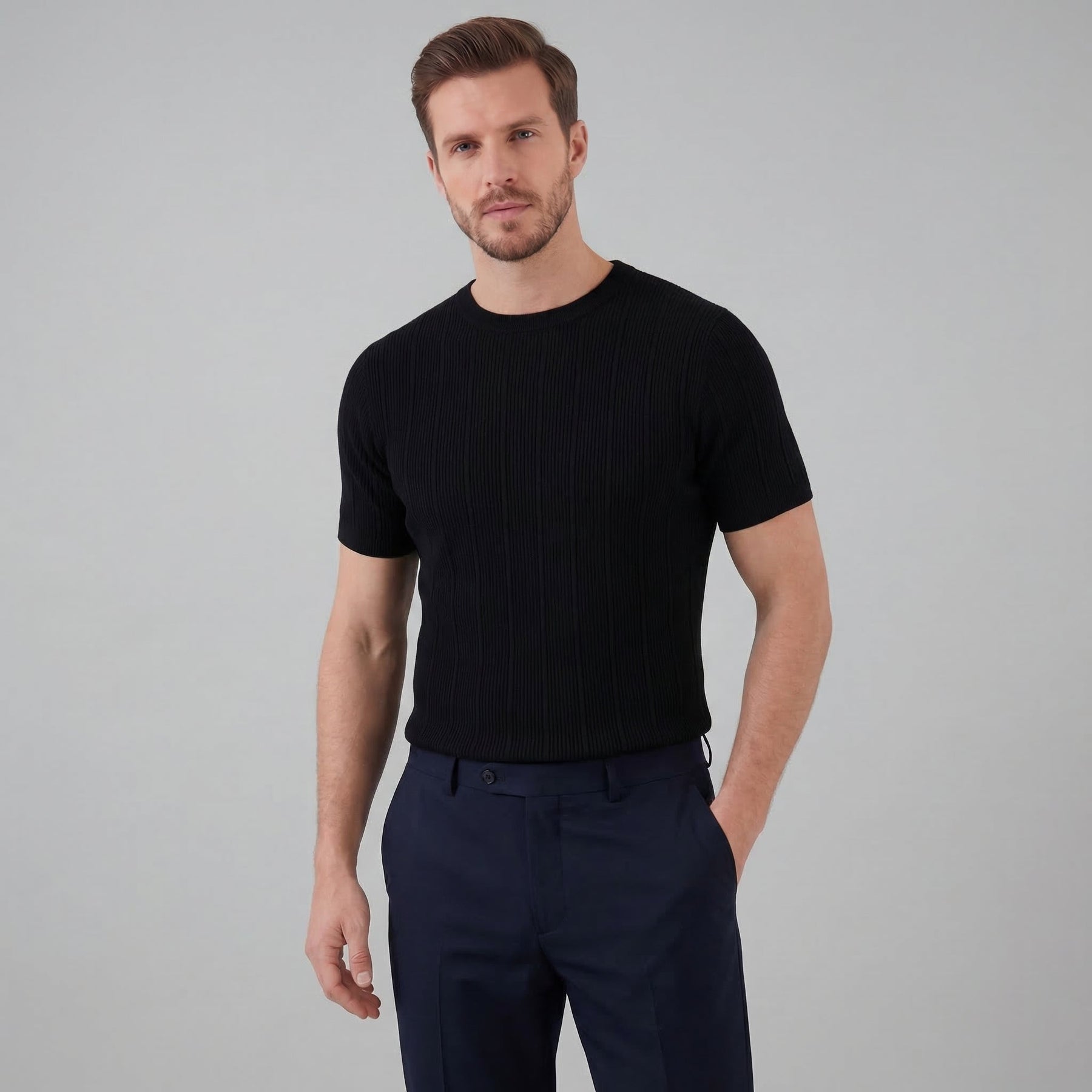 Ribbed Knit Long Sleeve T-Shirt in Classic Neutral