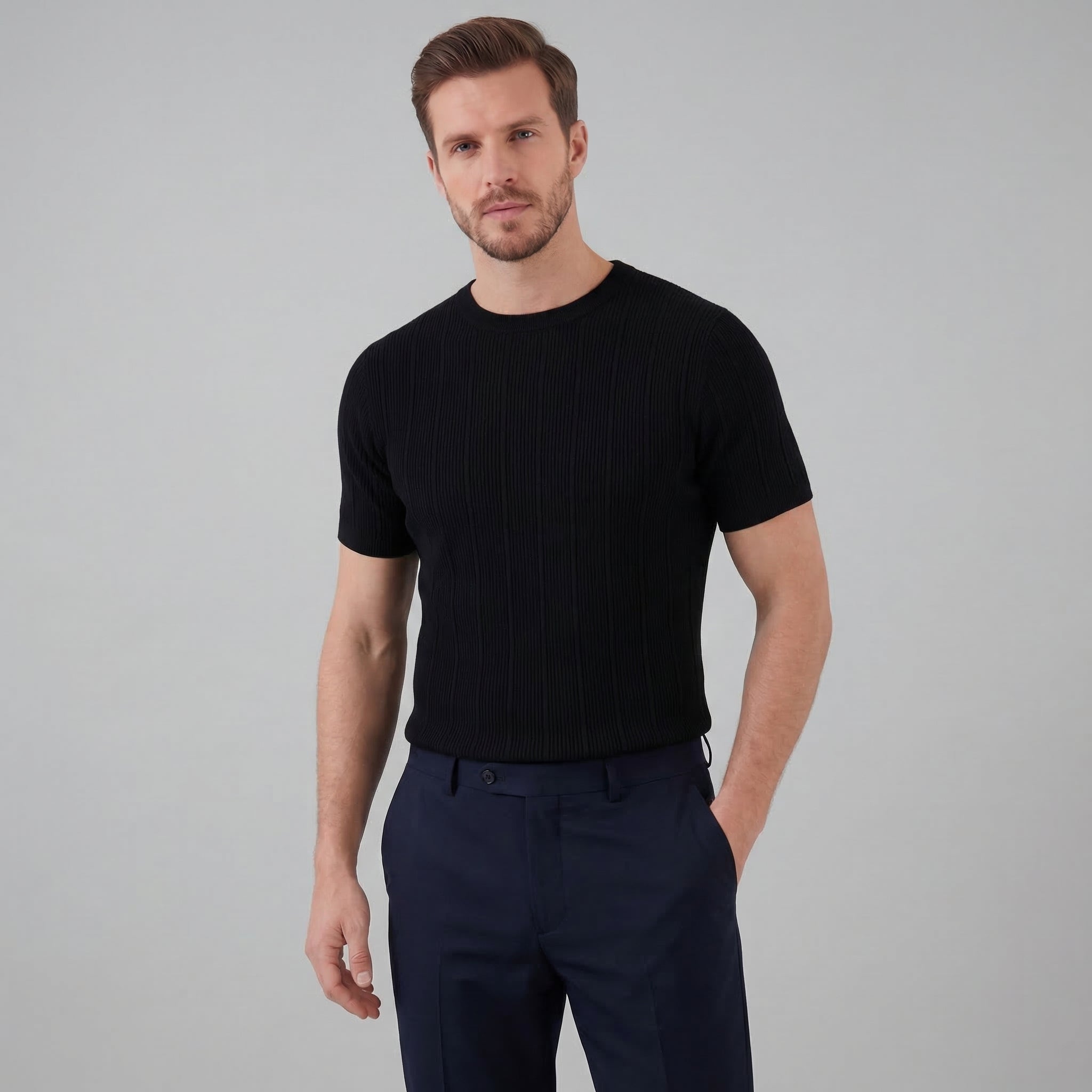 Ribbed Knit Long Sleeve T-Shirt in Classic Neutral