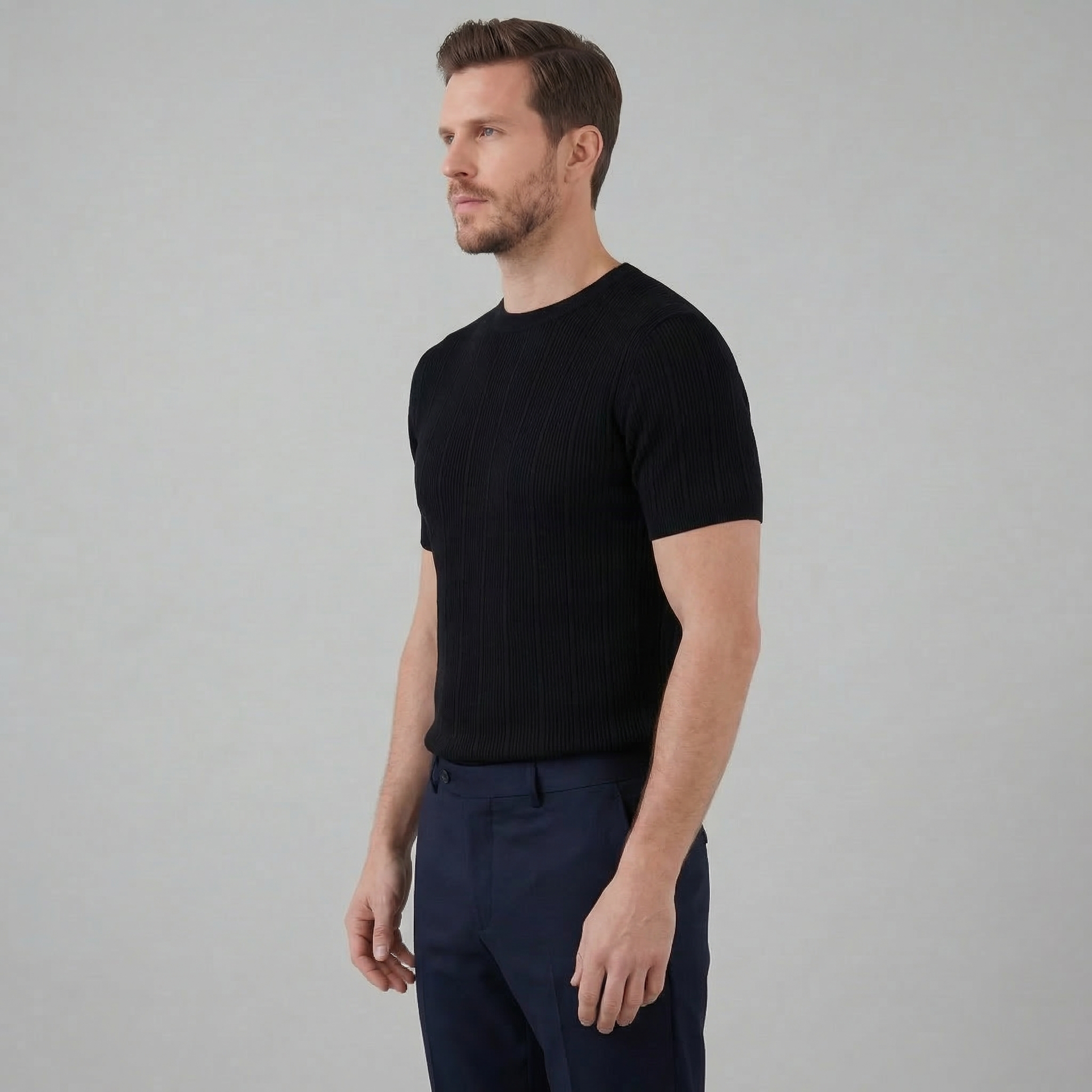 Ribbed Knit Long Sleeve T-Shirt in Classic Neutral