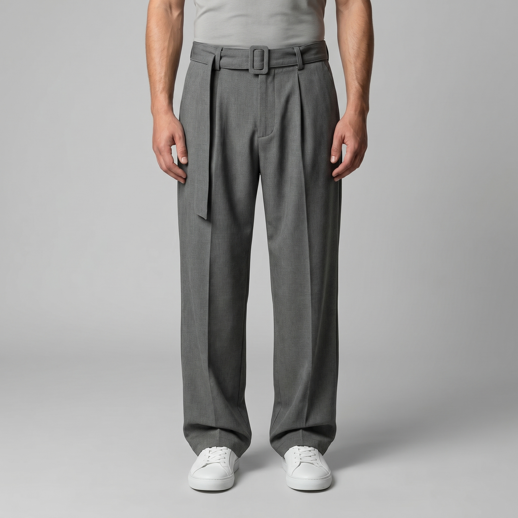 Belted Wide-Leg Trousers in Classic Charcoal