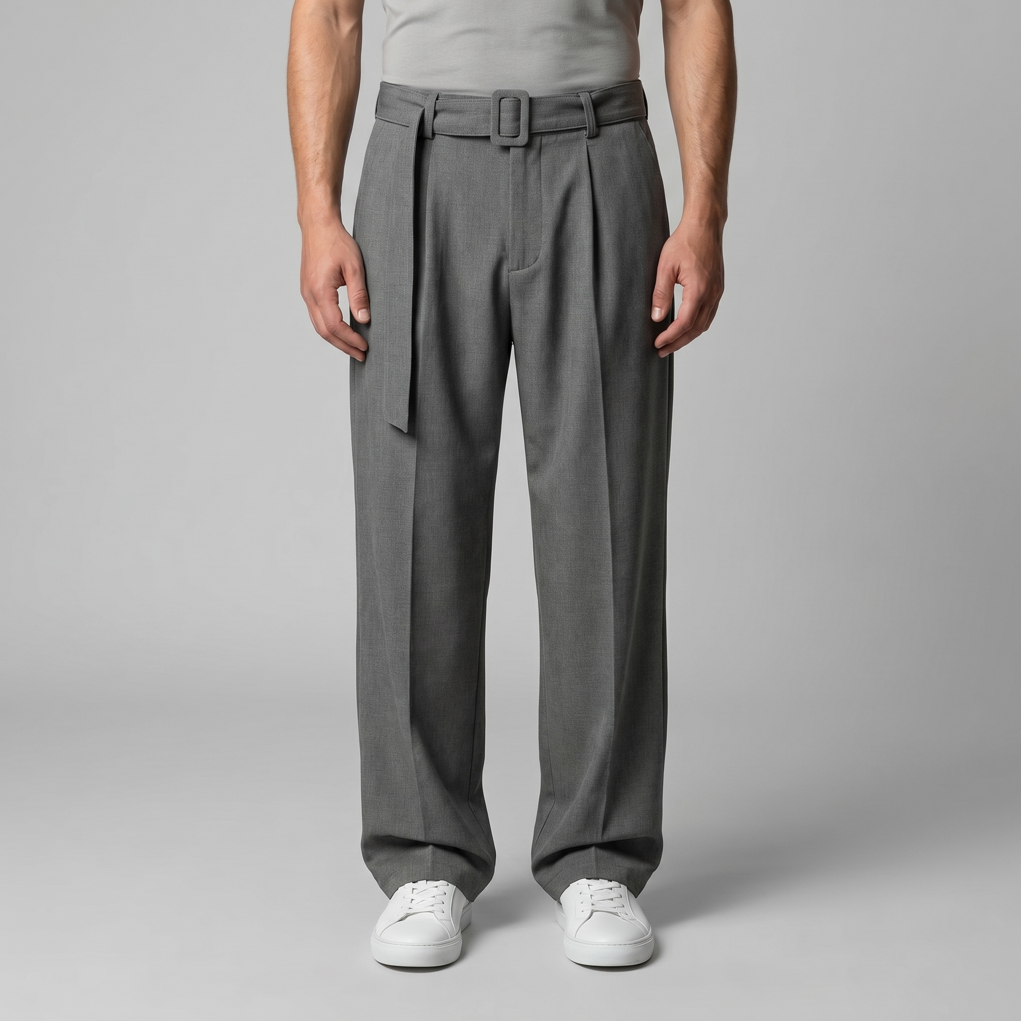 Belted Wide-Leg Trousers in Classic Charcoal