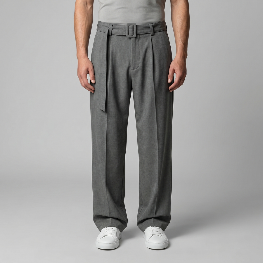 Belted Wide-Leg Trousers in Classic Charcoal