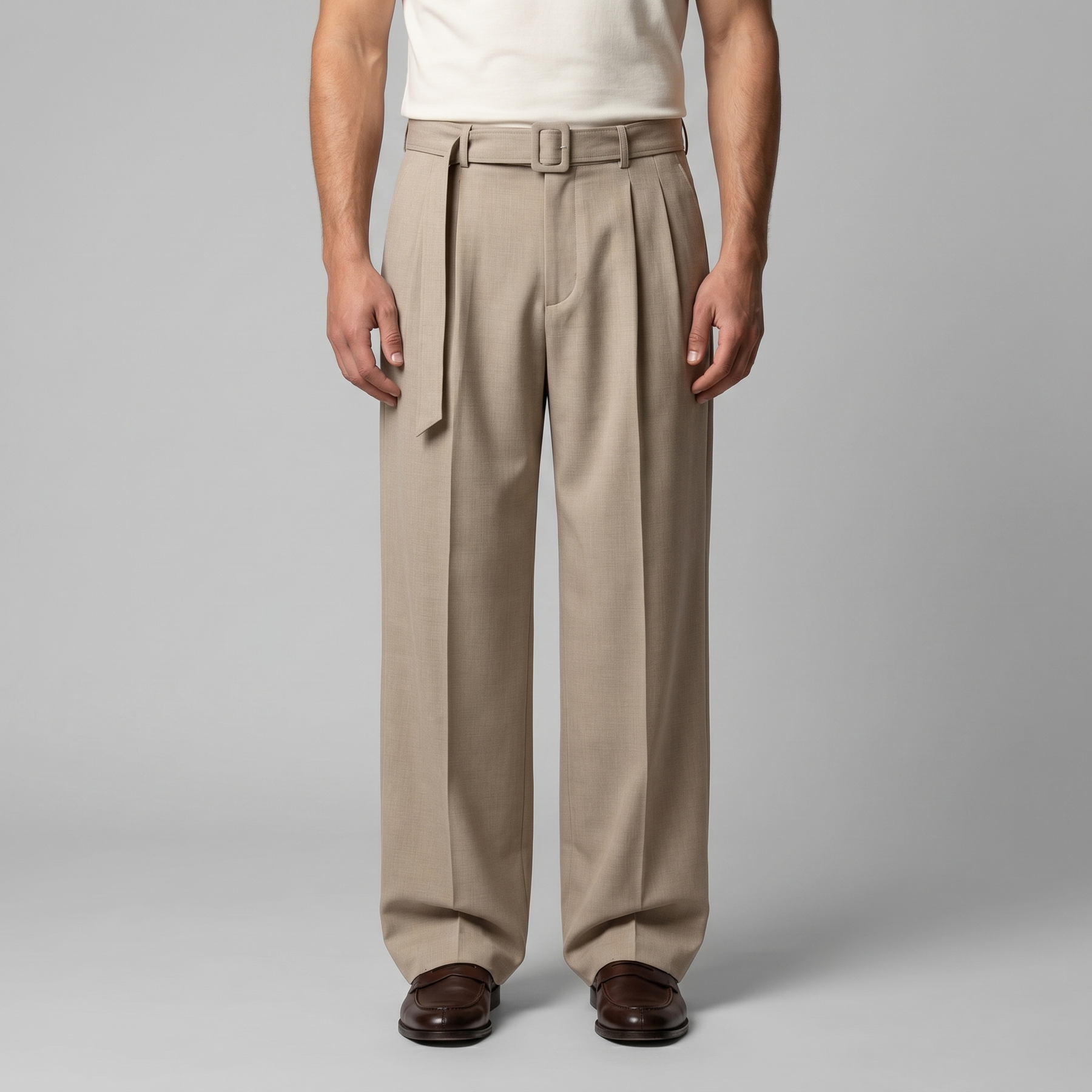 Belted Wide-Leg Trousers in Classic Charcoal