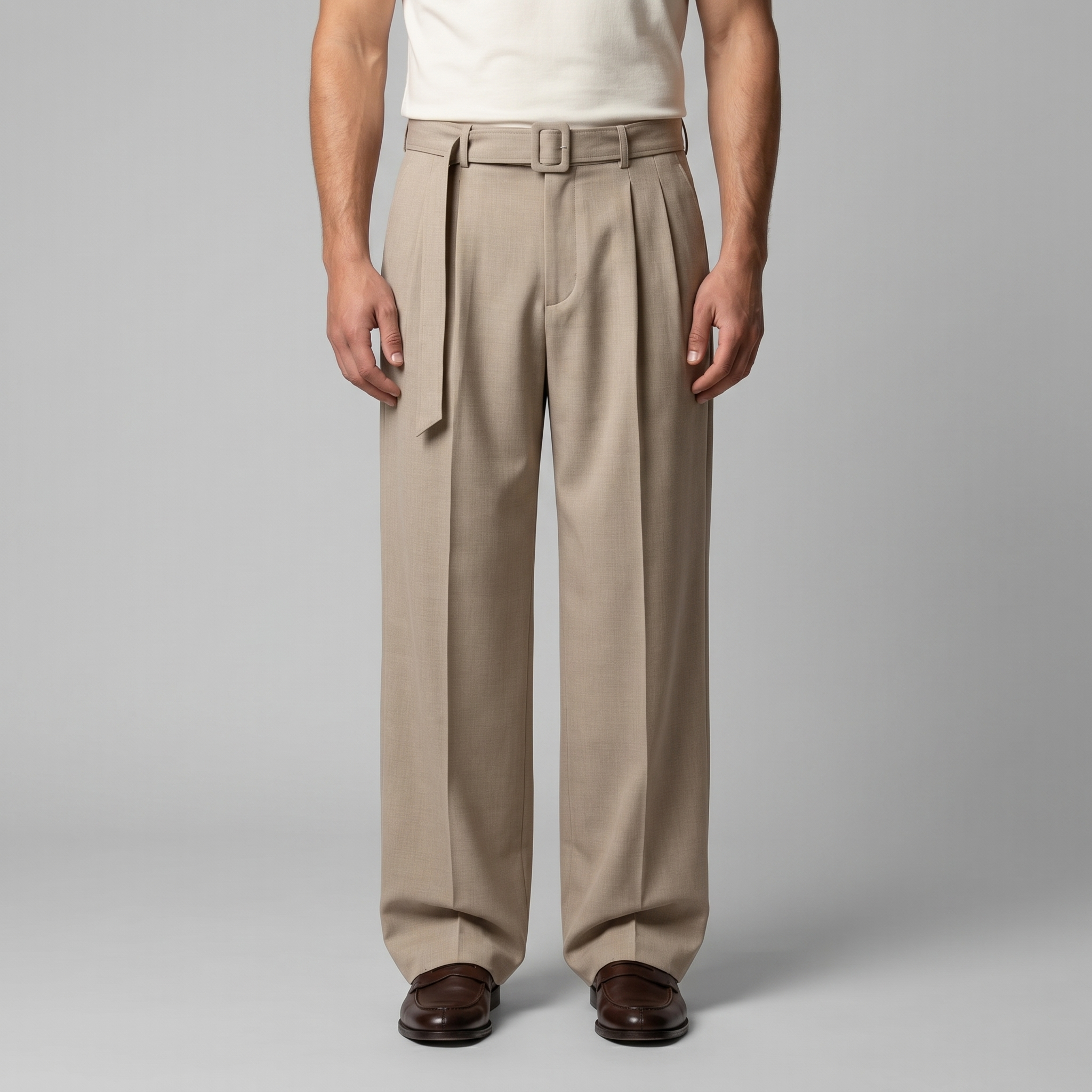 Belted Wide-Leg Trousers in Classic Charcoal