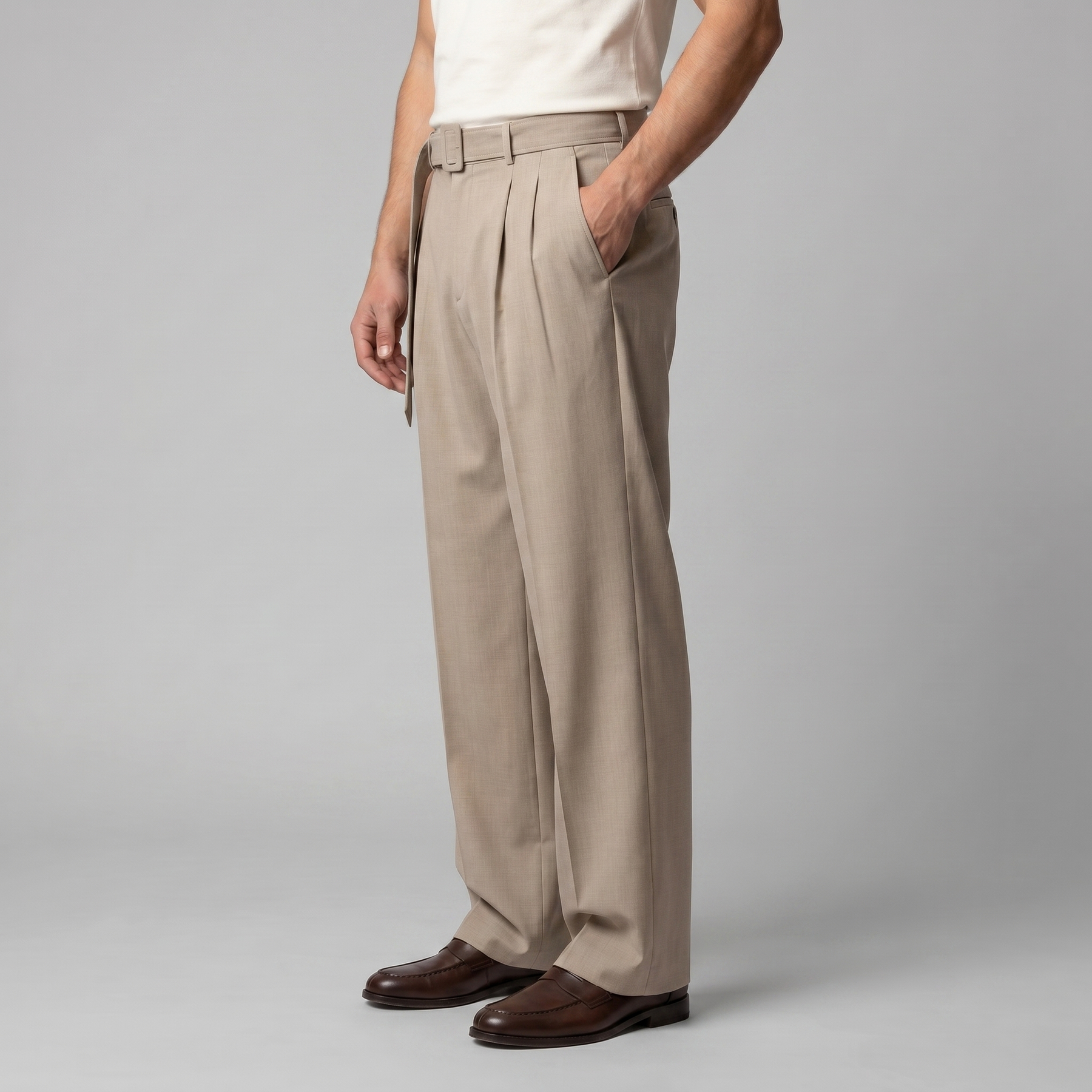 Belted Wide-Leg Trousers in Classic Charcoal