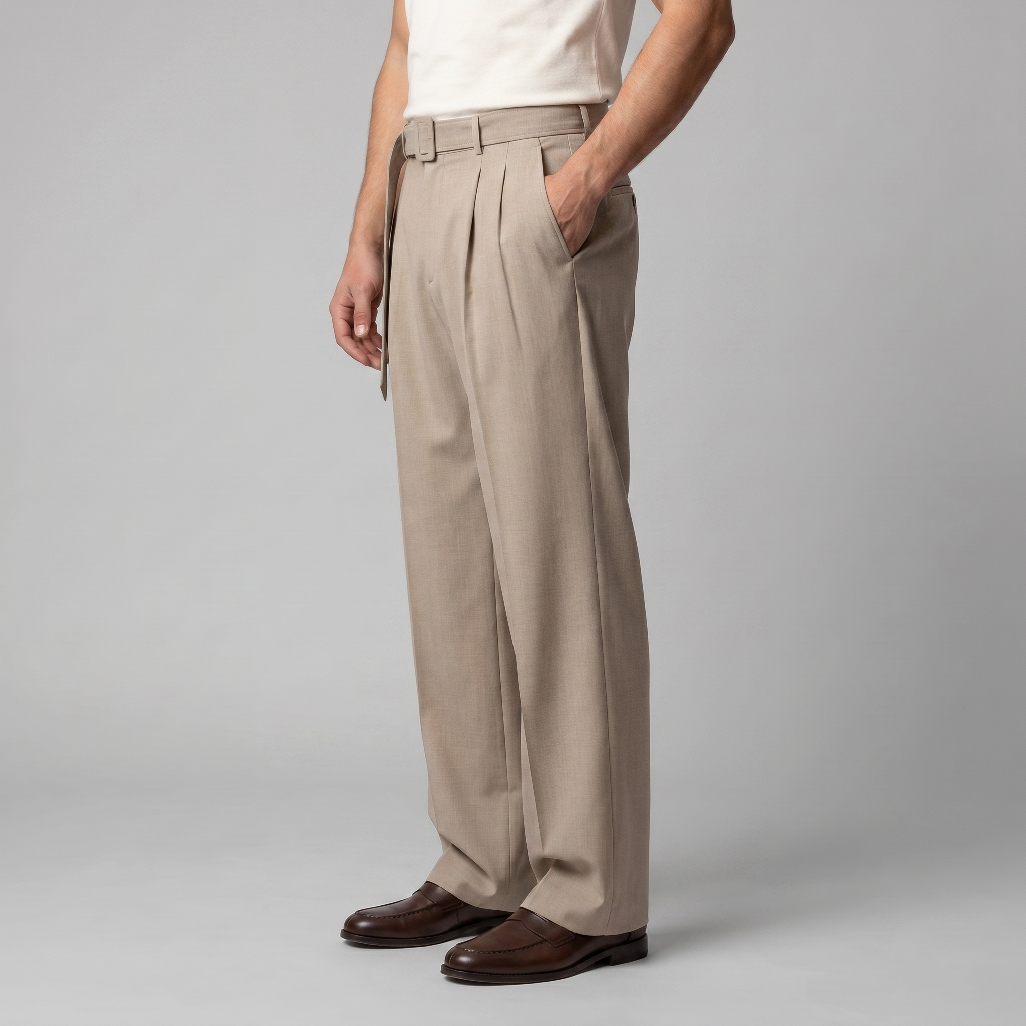 Belted Wide-Leg Trousers in Classic Charcoal