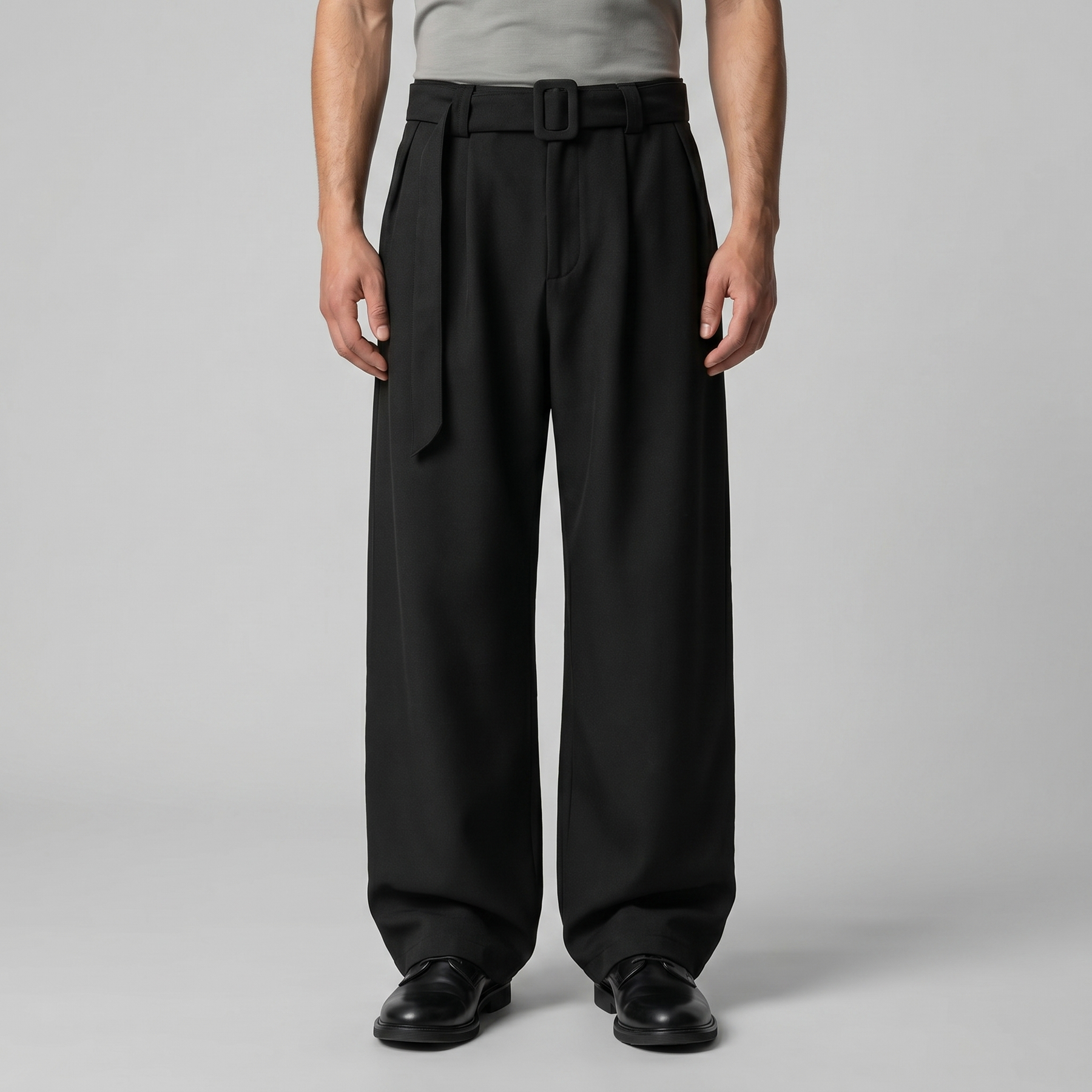 Belted Wide-Leg Trousers in Classic Charcoal