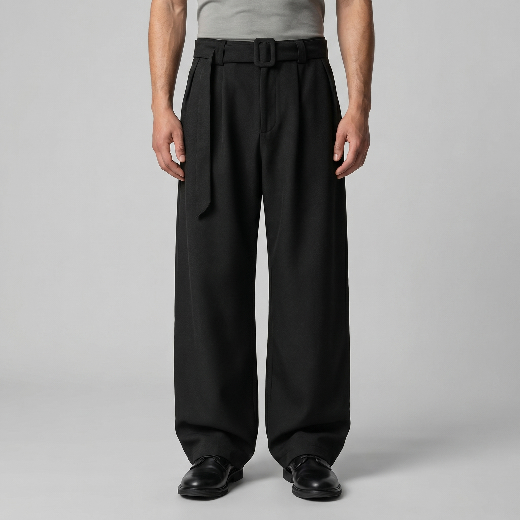 Belted Wide-Leg Trousers in Classic Charcoal