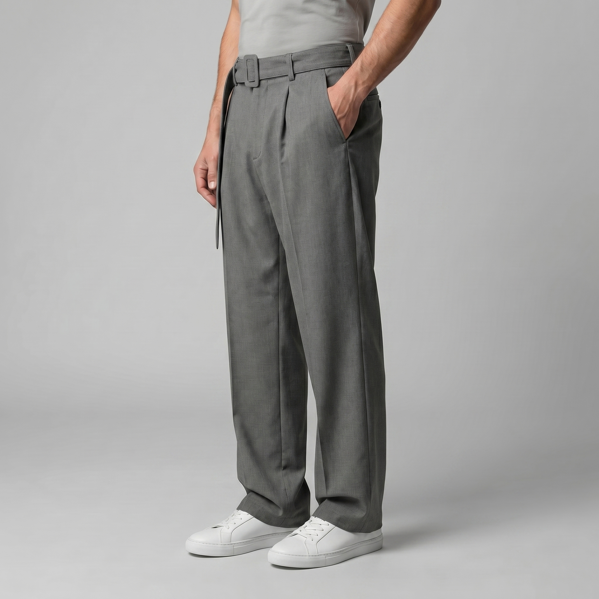 Belted Wide-Leg Trousers in Classic Charcoal
