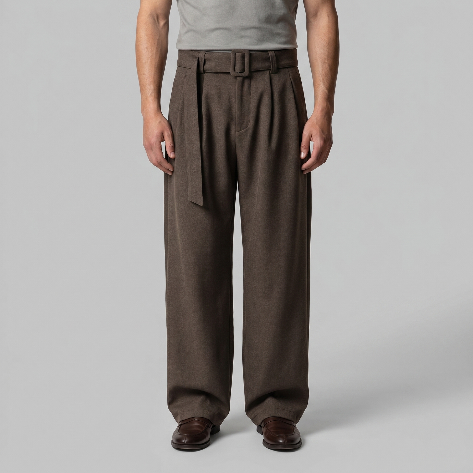Belted Wide-Leg Trousers in Classic Charcoal