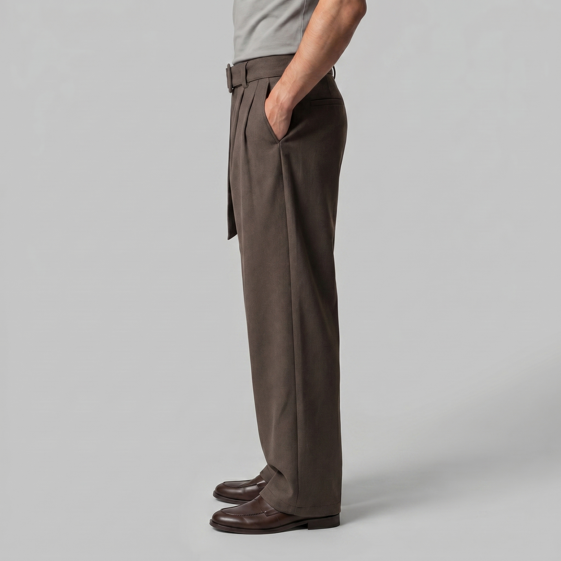 Belted Wide-Leg Trousers in Classic Charcoal